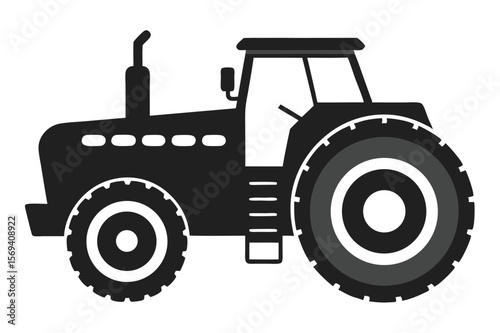 Black tractor with large wheels is positioned on a transparent white background