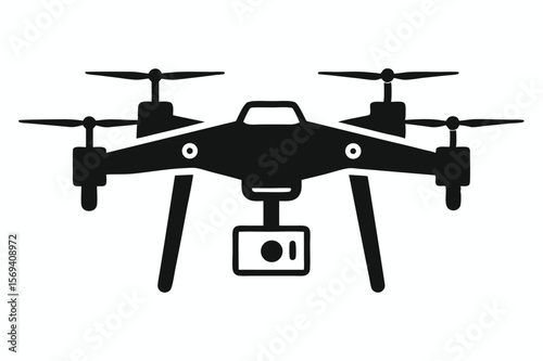 Drone with a camera is seen in black silhouette against transparent background