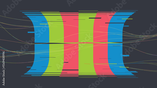 Abstract graphic design featuring curved colored bars with horizontal lines and flowing strands