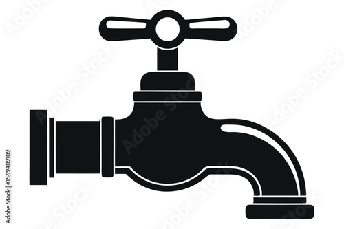 This simple black silhouette depicts a metal faucet with a classic handle, transparent background