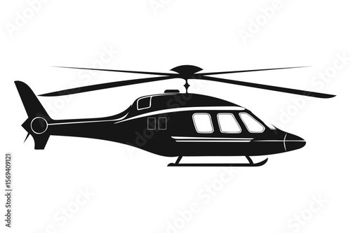 Black silhouette depicts helicopter with rotor blades and multiple windows against a transparent backdrop