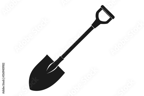 A simple black shovel stands at an angle on a clean, white background