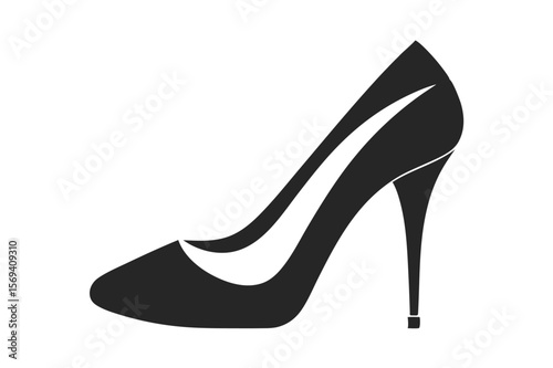 Elegant black high heel shoe silhouette isolated against a bright white background is seen