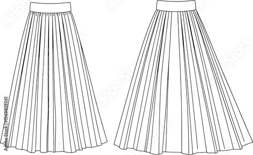Long pleated skirt fashion flat, technical sketch, front and back view, vector illustration, maxi skirt template, garment design flat vector illustration
