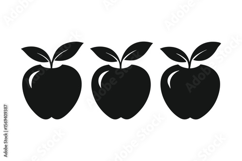 Black apple silhouettes in a row with leaves, small apples floating above, transparent background