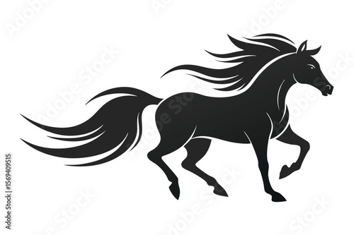 Majestic black horse gallops gracefully with flowing mane and tail on a transparent background