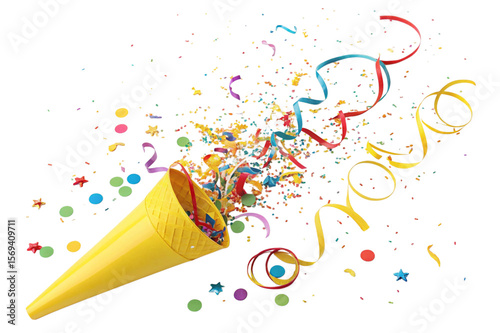 Yellow party popper exploding with colorful confetti and streamers isolated on transparent background