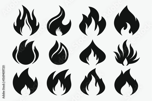 Collection of twelve distinct black fire icons displays varied flame shapes and sizes on white