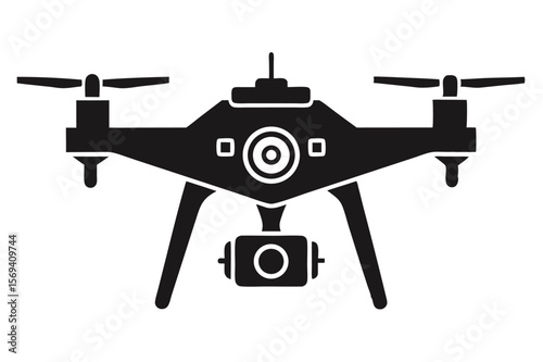 Black silhouette shows drone with camera and propellers on a transparent background