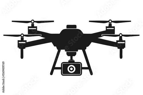 A quadcopter silhouette shows precise detail with the camera visible on a transparent background