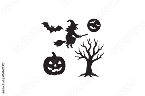 Halloween Witch Silhouette: Jack-o'-lantern, Bats, Bare Tree, Moon, Spooky Vector Illustration