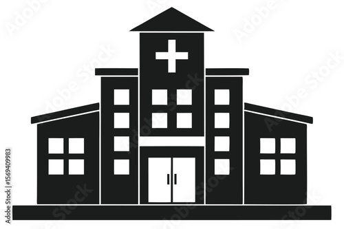 The stark silhouette of a hospital reveals square windows and a stark cross symbol