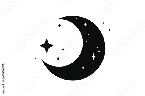 Crescent moon surrounded by twinkling stars conveys a serene and magical night on transparent background