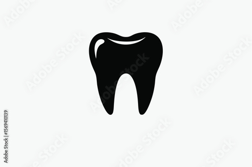 An isolated black tooth illustration with visible reflection presented against a white background