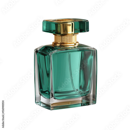 Luxurious green perfume bottle with gold accents on a modern transparent background
