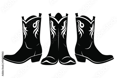 Three black cowboy boots feature intricate western stitching; one faces front, with transparent background