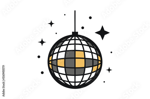 Hanging disco ball casts a glow among star shapes and black dots on transparent background