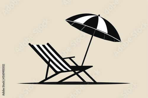 A beach shows an umbrella and lounge chair in black and white contrast