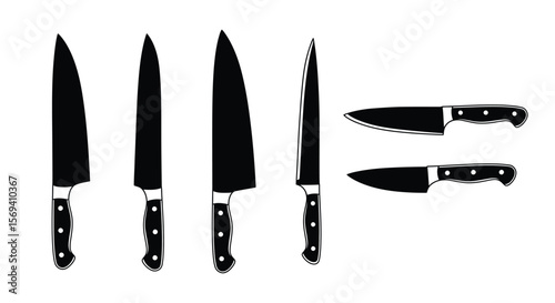 Sharp, stainless steel kitchen knives, including a chef's set, are isolated on a white background