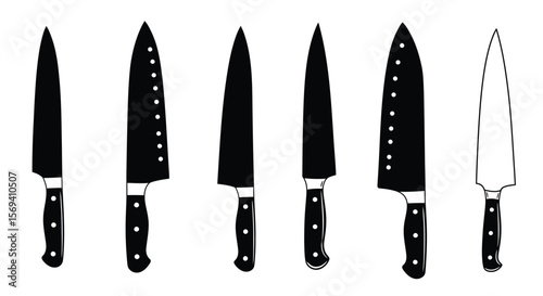 Sharp, stainless steel kitchen knives, including a chef's set, are isolated on a white background