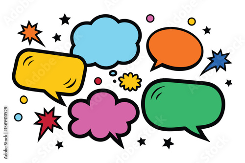 Vivid colorful cartoon speech bubbles float amidst twinkling stars on a pure white backdrop
