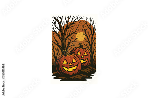Spooky Halloween Jack-o'-lanterns glowing merrily in a dark, whimsical forest under a harvest moon.