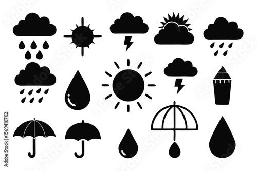 Weather icons collection displays clouds, rain, sun, lightning, umbrella and raindrops in silhouette against transparency