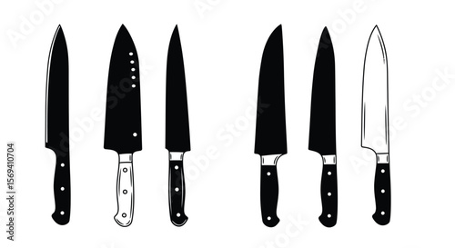 Sharp, stainless steel kitchen knives, including a chef's set, are isolated on a white background