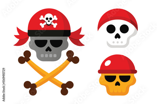Jolly pirate skulls with bandanas display fun skull variations on a white backdrop