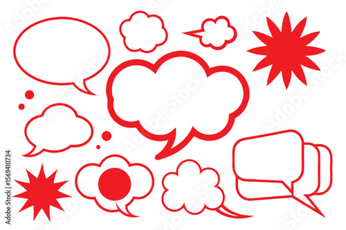 Several red cartoonish outlined speech bubbles and star shapes are scattered across a white background