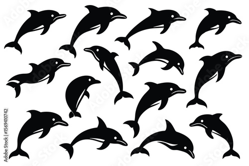 Numerous black dolphin silhouettes playfully leap and swim against a pristine transparent backdrop in a dynamic aquatic display