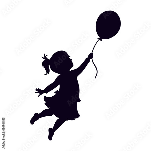 little girl floating in the air while holding a big balloon Art & Illustration