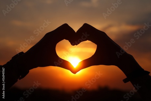 silhouette of hands making a heart shape. two hands making a heart shape. a close up view of a sunset with the sun shining through