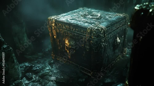 Ancient, ornate chest sits amidst dark, rocky caverns