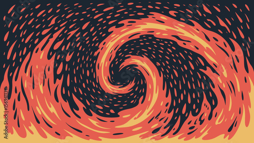 Abstract swirling vortex of orange and yellow with dark blue background and scattered teardrop shapes