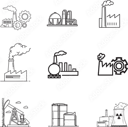Industrial Icons Factory, Plant, and Refinery Illustrations