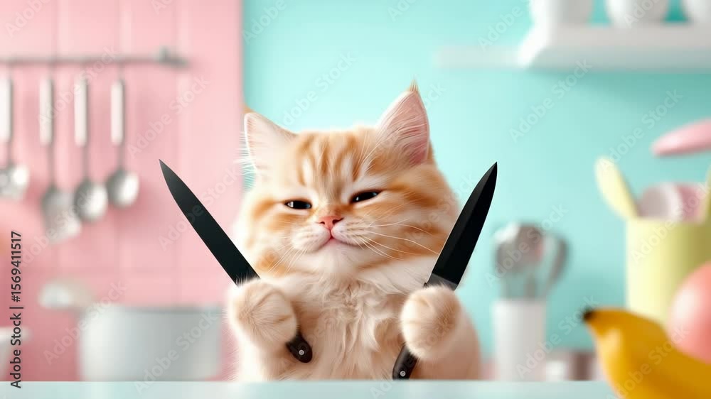 Fluffy orange kitten holding two kitchen knives in pastel kitchen setting with playful expression. Humorous staged scene with kitchen utensils and soft color palette.