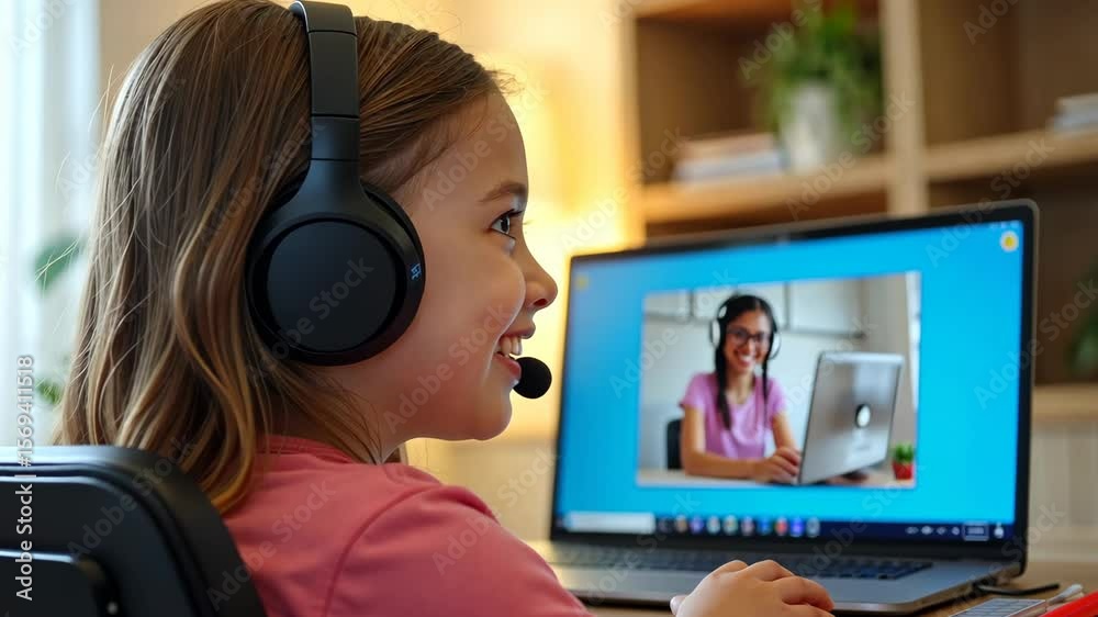Smiling girl wear wireless headphone study online with skype teacher.