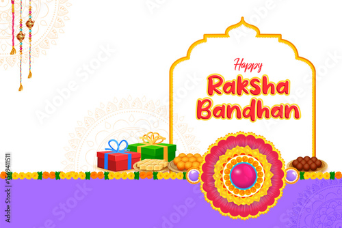 greeting card and template banner for sales promotion advertisement with decorative Rakhi for Raksha Bandhan, Indian festival for brother and sister bonding celebration