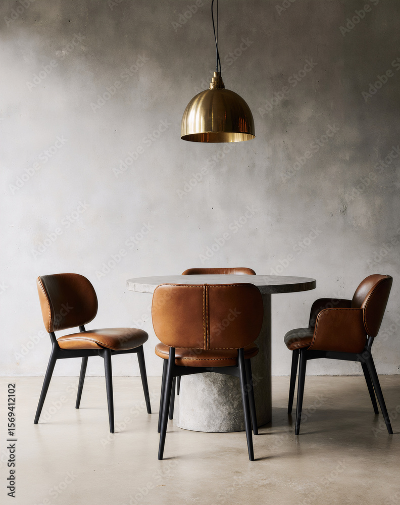 Fototapeta premium Soft Industrial Dining with Concrete Table and Leather Chairs