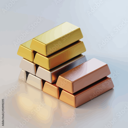 Gold, Silver, and Copper Metal Ingots Stacked