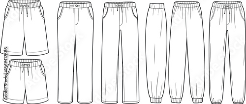 Men’s shorts and pants technical flat sketch, jogger pants, track pants, athletic shorts, vector template, fashion design illustration flat vector illustration