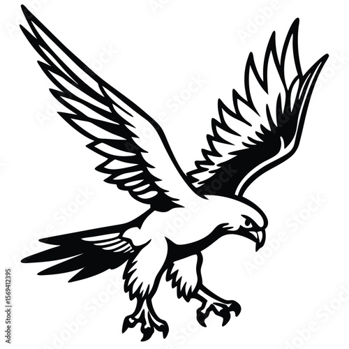 Aggressive hawk swooping down with wings spread wide silhouette