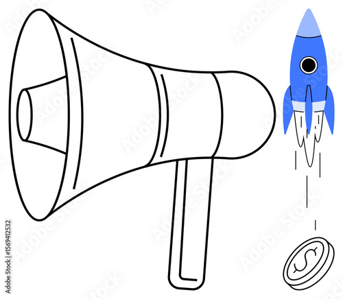 Megaphone amplifying message alongside rocket soaring upward with coin. Ideal for advertising, promotion, business growth, financial success, startup launch, communication, innovation themes. Simple