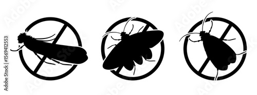 Stop clothes moths eating your clothes, three black and white warning signs with insects and forbidden symbol