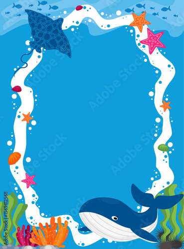 Children's cartoon frame with sea inhabitants, waves, whale, starfish and manta ray