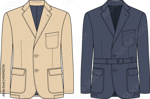 Men's blazer technical fashion flat, front view design template, tailored jacket vector, belt detail, pocket style illustration flat vector illustration