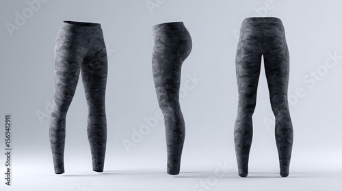 black camouflage leggings mockup front, side, back views on grey background
