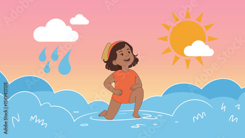 Illustration of a girl kneeling in water with sun and rain clouds in the background on a gradient sky