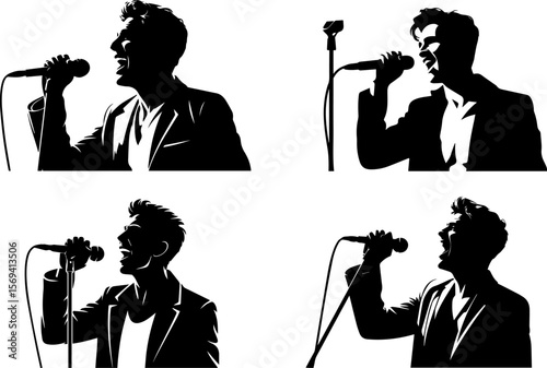 Set of silhouette of a man singing with a microphone Vector illustration
